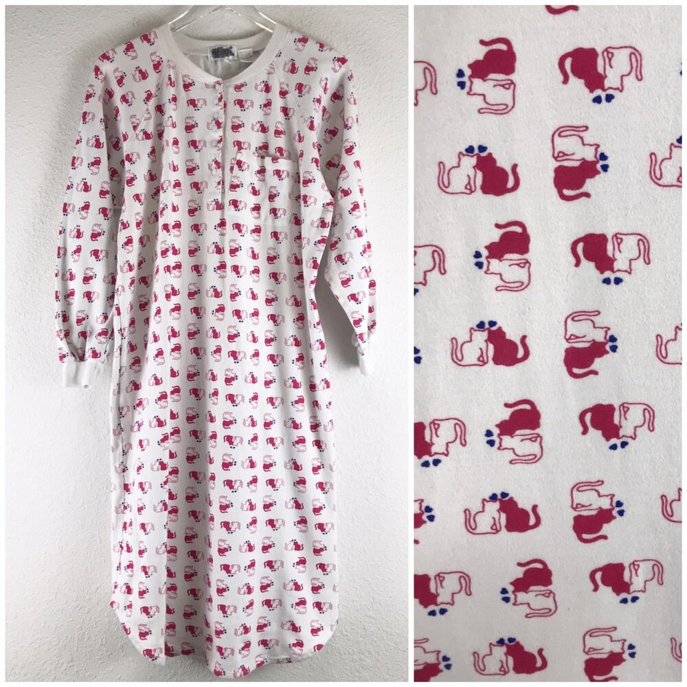 Vintage Cat Kitten Heart Novelty Print Long Sleeve Pullover Nightgown Cotton M